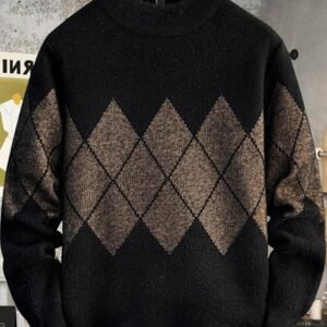Argyle Style Imported Men's Sweater In Black